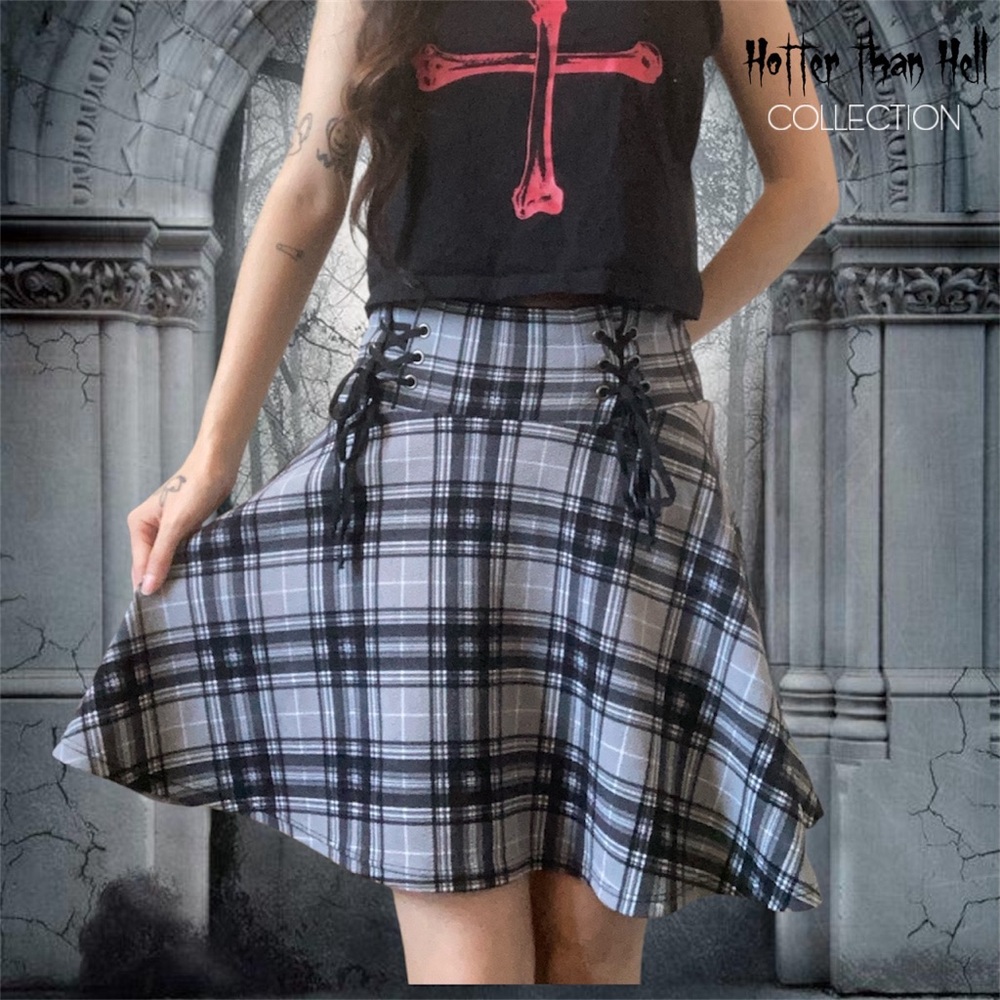 Hot Topic Midnight Hour Grey and Black Plaid Lace Up Yoke Skirt